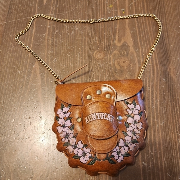 Handmade Handbags - Handcrafted Brown Faux Leather Flower Pattern  Bag Pink Flowers Says Kentucky